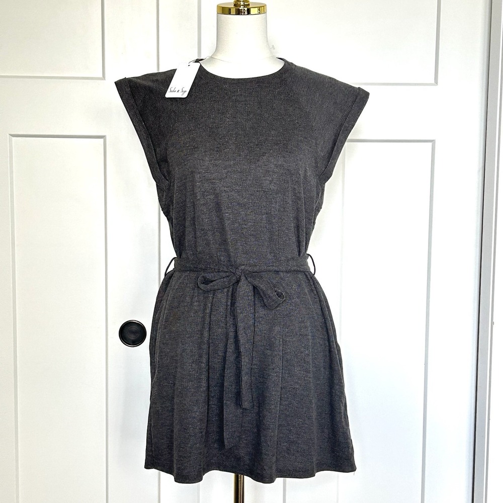 NWT* Sadie & Sage Sightseeing Mini Dress -Women's SMALL- Grey‎ Ribbed Belted